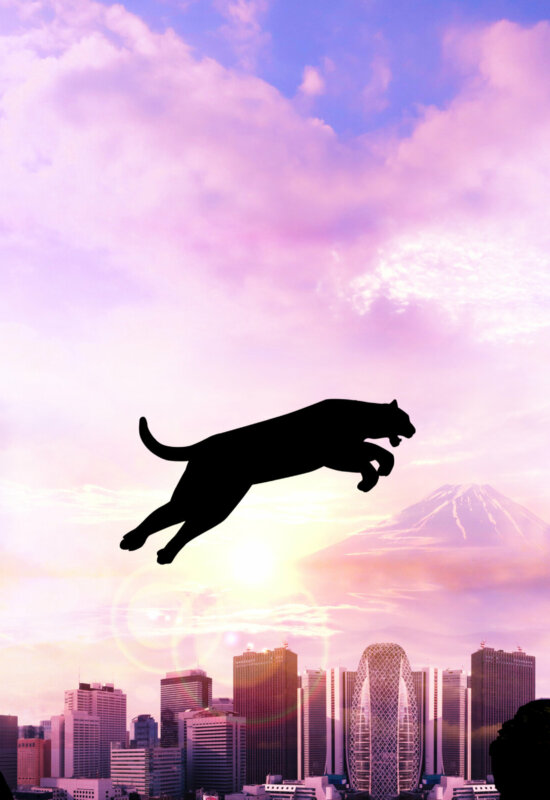 Jumping tiger silhouette, cityscape and first sunrise